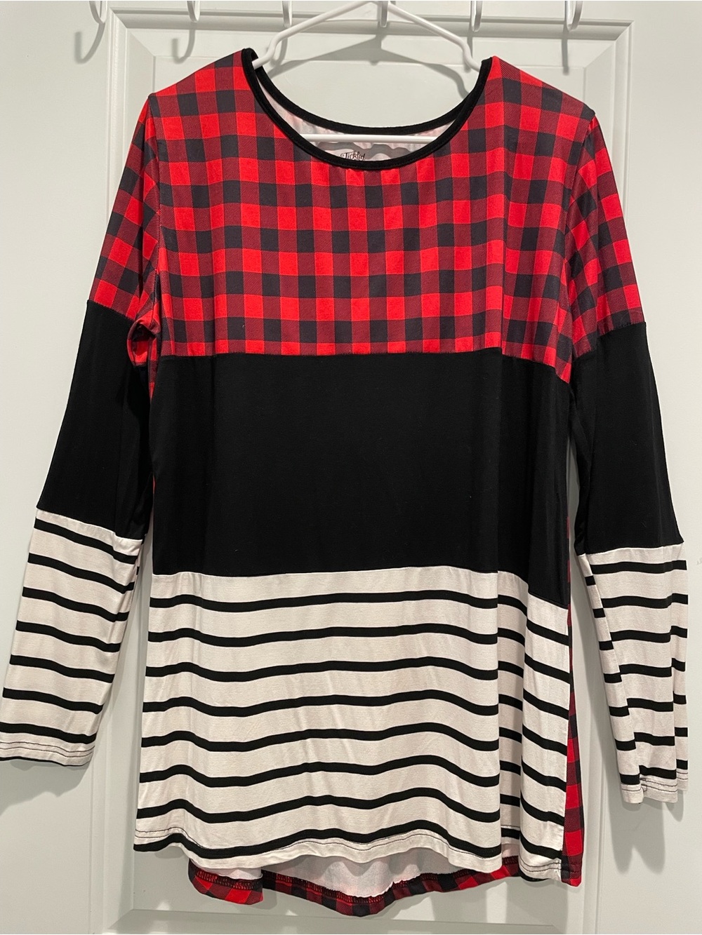 Tickled Teal Red Buffalo Plaid & Black Colorblock Long Sleeve Top